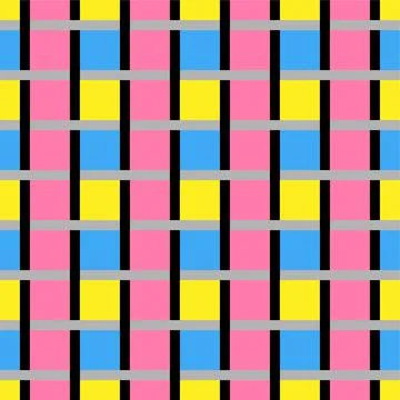 A Vector seamless pattern of colored abstract geometric shapes and grid Stock Illustration