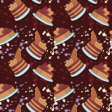 Vector seamless pattern of colored cakes and splashes on a brown background in イラスト素材
