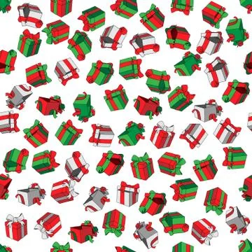 Vector Seamless Pattern colored cartoon doodles gift boxes on white background Illustrazione stock