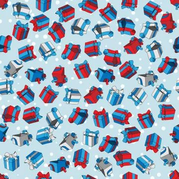 Vector Seamless Pattern colored cartoon doodles gift boxes on snow background Illustration