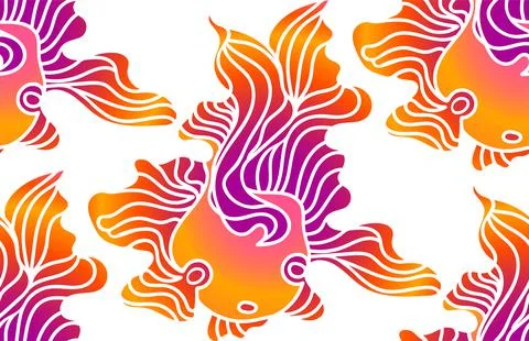 Vector seamless pattern with colored doodle goldfish and gradient wavy fins. Stockillustratie