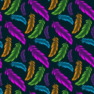 Vector seamless pattern with colored feathers of birds. Stock Illustration