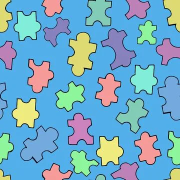 Vector seamless pattern, colored puzzle elements on a blue background Stock Illustration