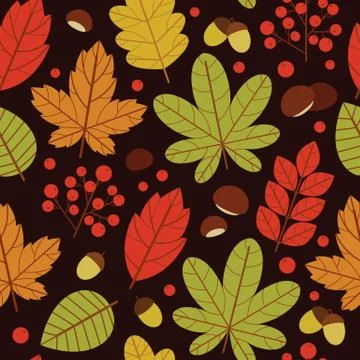 Vector seamless pattern of colorful autumn leaves over brown background. Desi Stock Illustration