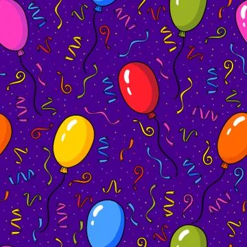 Vector seamless pattern with colorful balloons and confetti over purple backg Stock Illustration