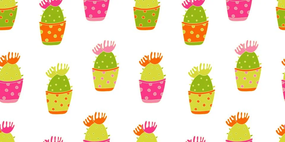 Vector seamless pattern with colorful blooming potted cactuses. Stock Illustration