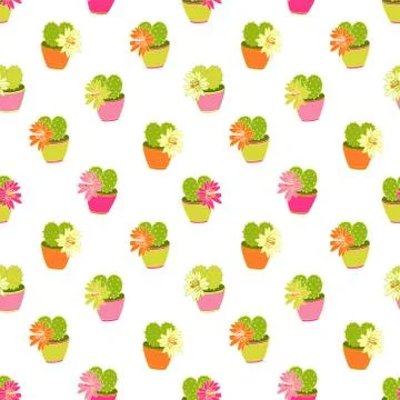 Vector seamless pattern with colorful blooming cactuses in pots. Stock Illustration