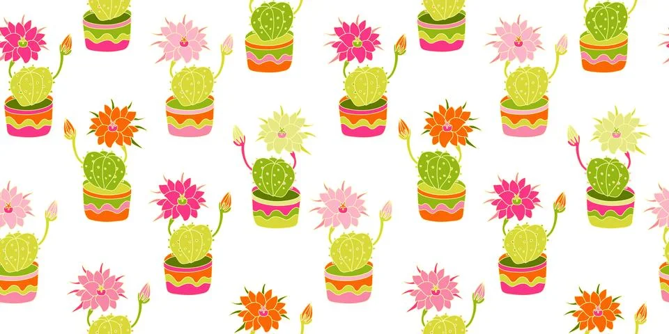 Vector seamless pattern with colorful blooming cactuses in pots. Stock Illustration