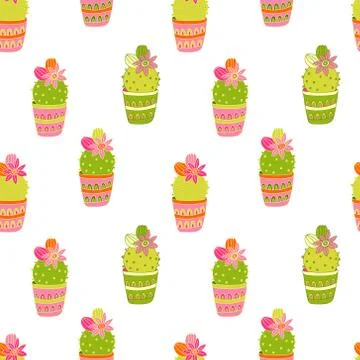 Vector seamless pattern with colorful blooming cactuses in pots. Stock Illustration