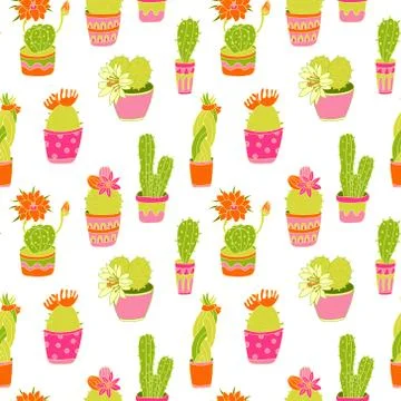 Vector seamless pattern with colorful blooming  cactuses in pots. Stock Illustration