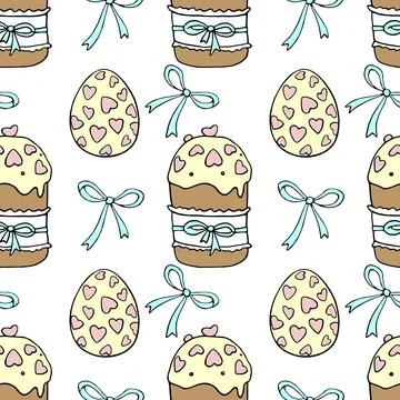 Vector seamless pattern with colorful bows, Easter cakes and eggs. Spring hol Stock Illustration
