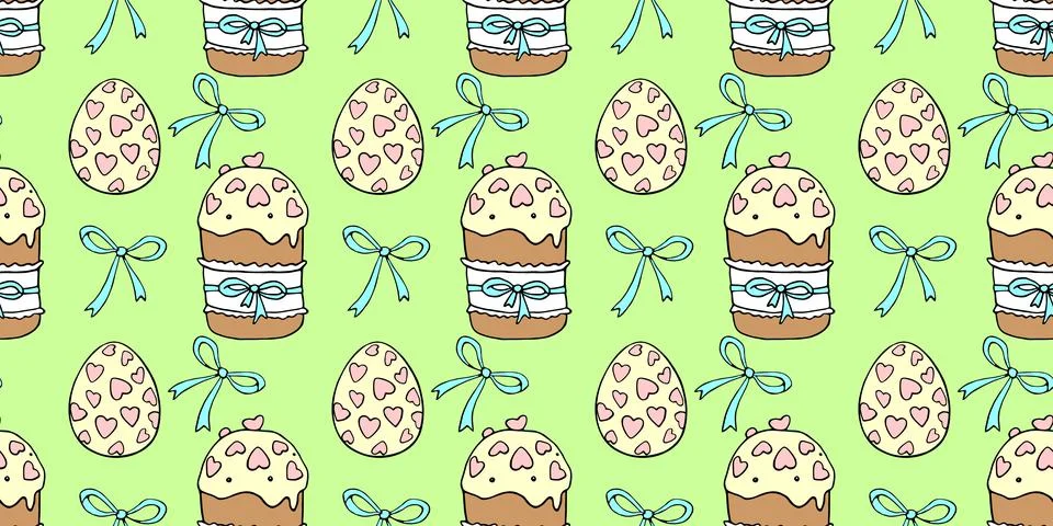 Vector seamless pattern with colorful bows, Easter cakes and eggs. Spring hol Stock Illustration