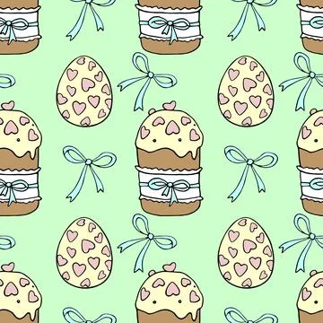 Vector seamless pattern with colorful bows, Easter cakes and eggs. Spring hol Stock Illustration