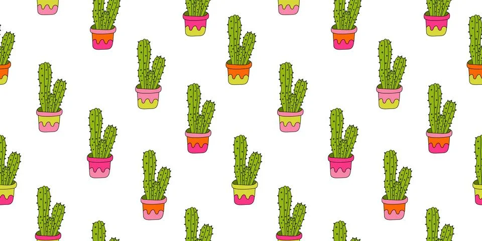 Vector seamless pattern with colorful cartoon cactus plants in pots. Stock Illustration