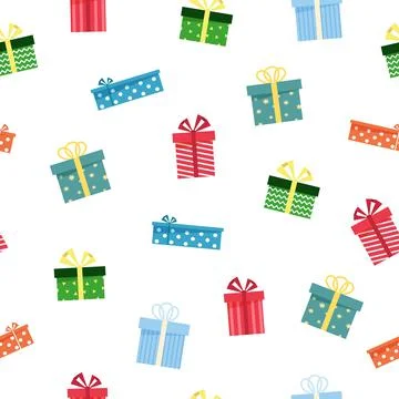 Vector seamless pattern with colorful cartoon gift boxes on white. Vibrant Stock Illustration