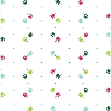 Vector seamless pattern with colorful cat paw dog paw. Pink, blue and green paws Stock Illustration