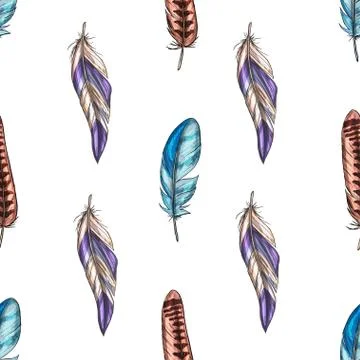 Vector seamless pattern with colorful detailed bird feathers Stock Illustration