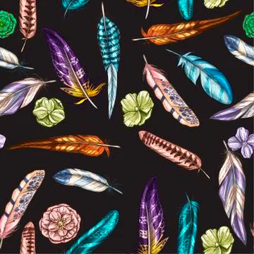 Vector seamless pattern with colorful detailed bird feathers on a black  Stock Illustration