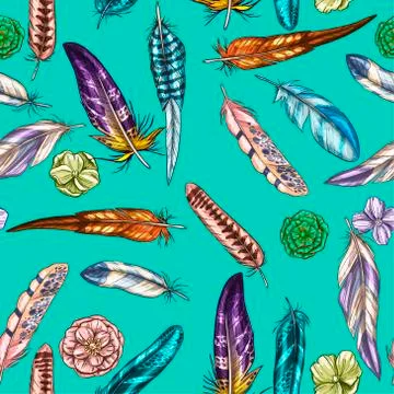 Vector seamless pattern with colorful detailed bird feathers on a blue  Stock Illustration