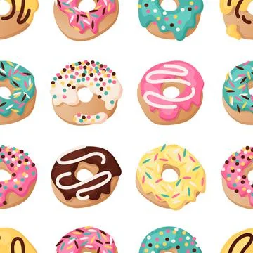 Vector seamless pattern with colorful donuts. illustration in cute cartoon style Stock Illustration