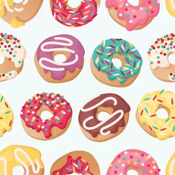 Vector seamless pattern with colorful donuts. illustration in cute cartoon style Illustrazione stock