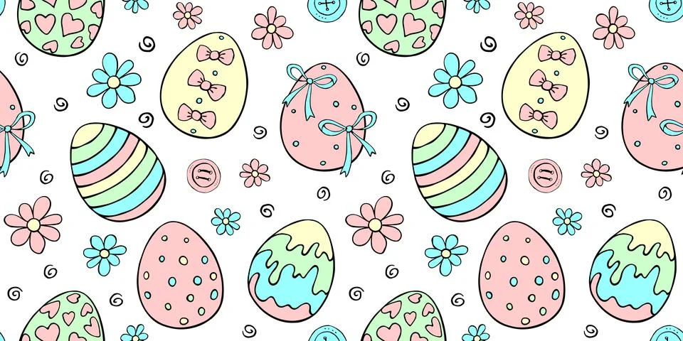Vector seamless pattern with colorful Easter eggs, flowers. Spring hand drawn イラスト素材