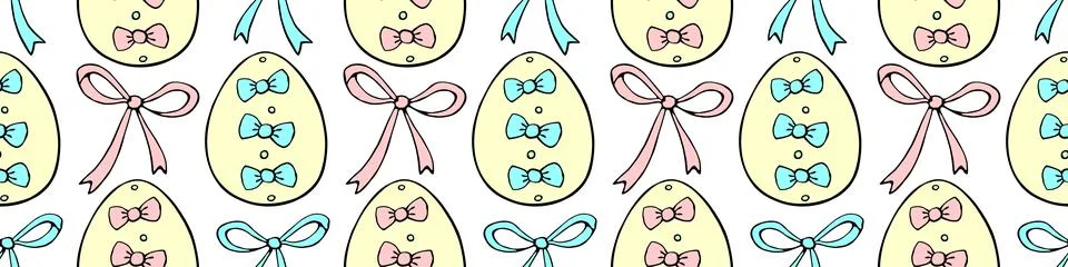 Vector seamless pattern with colorful Easter eggs and bows. Spring hand drawn Stock Illustration