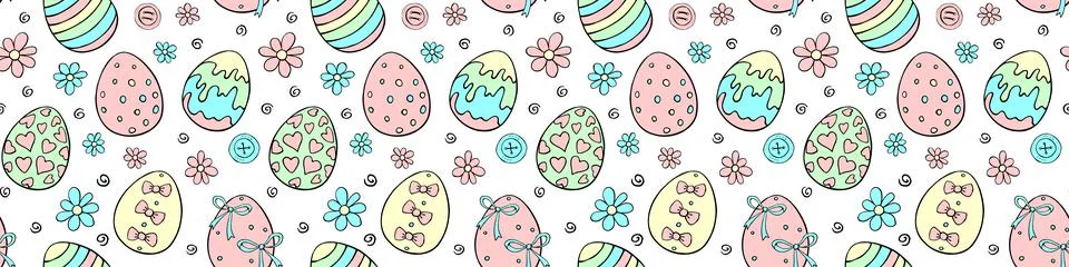 Vector seamless pattern with colorful Easter eggs, flowers. Spring hand drawn Illustrazione stock