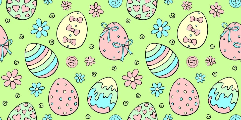 Vector seamless pattern with colorful Easter eggs, flowers, buttons. Spring h 스톡 일러스트