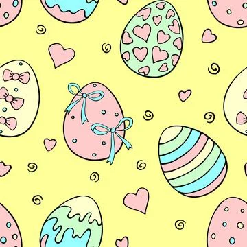 Vector seamless pattern with colorful Easter eggs, hearts. Spring hand drawn  Stockillustratie