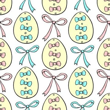 Vector seamless pattern with colorful Easter eggs and bows. Spring hand drawn Illustrazione stock
