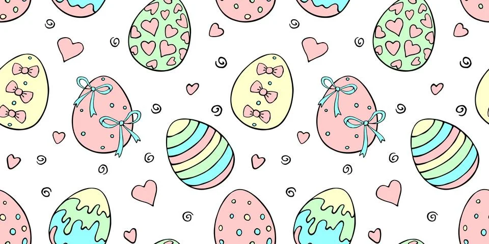 Vector seamless pattern with colorful Easter eggs, hearts. Spring hand draw.. イラスト素材