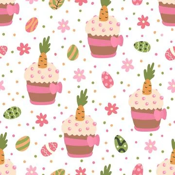 Vector seamless pattern with colorful eggs, daisy flowers and Easter cakes. Stock Illustration