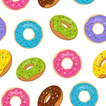 Vector seamless pattern with colorful glazed donuts. Sweet bakery with sprink Stock Illustration