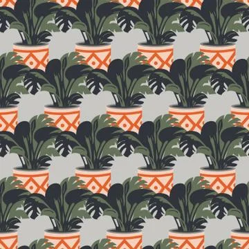 Vector seamless pattern with colorful hand drawn flower pots. Sketch style Stock Illustration