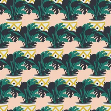 Vector seamless pattern with colorful hand drawn flower pots. Sketch style Stock Illustration