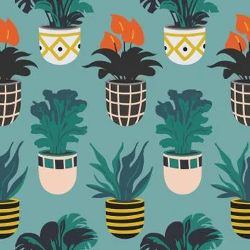 Vector seamless pattern with colorful hand drawn flower pots. Stock Illustration