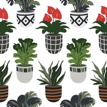 Vector seamless pattern with colorful hand drawn flower pots. Stock Illustration