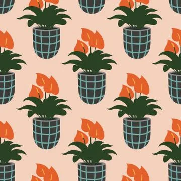 Vector seamless pattern with colorful hand drawn flower pots. Stock Illustration