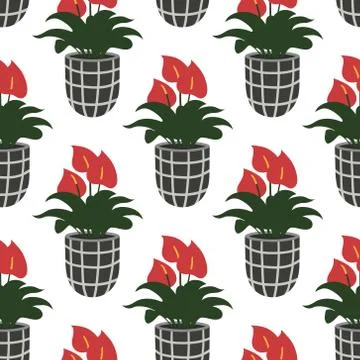 Vector seamless pattern with colorful hand drawn flower pots. Stock Illustration