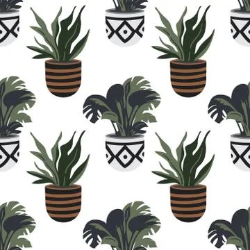 Vector seamless pattern with colorful hand drawn flower pots. Stock Illustration