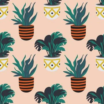 Vector seamless pattern with colorful hand drawn flower pots. Illustrazione stock