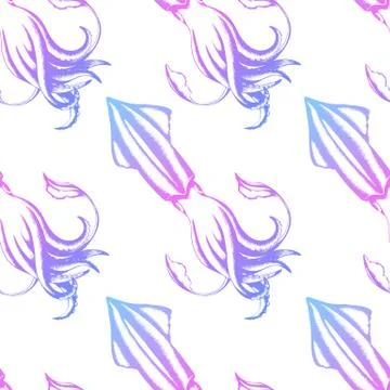 Vector seamless pattern with colorful hand drawn squid isolated on white back Illustrazione stock