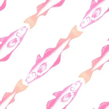 Vector seamless pattern with colorful hand drawn fishes isolated on white bac Stock Illustration