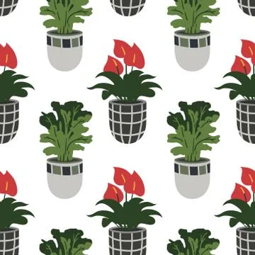 Vector seamless pattern with colorful hand-drawn flower pots. Sketch style, d Stock Illustration