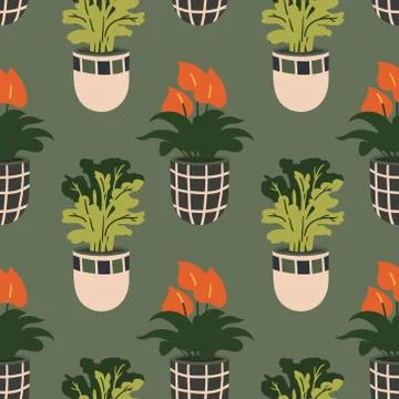 Vector seamless pattern with colorful hand-drawn flower pots. Sketch style, d Stock Illustration