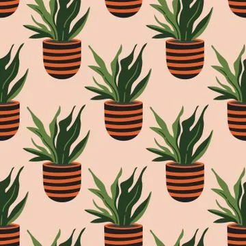 Vector seamless pattern with colorful hand-drawn flower pots. Sketch style, d Stock Illustration