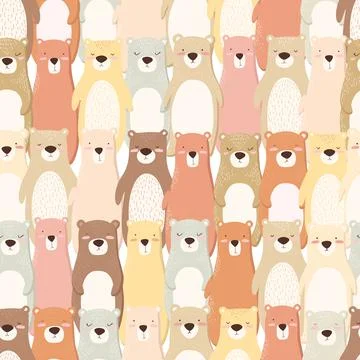 Vector seamless pattern with colorful hand drawn cute bears isolated on white Stock Illustration