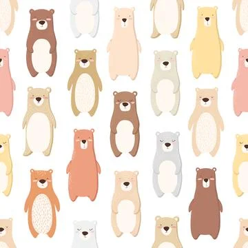 Vector seamless pattern with colorful hand drawn cute bears isolated on white Stock Illustration