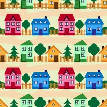 Vector seamless pattern. Colorful houses with roads. Children's design. Stock Illustration